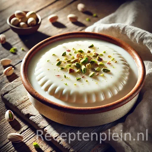 Alt-tekst: Firnee met rozenwater en pistachenoten op een rustieke houten tafel