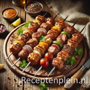 Gegrilde vleesmix aan de spies goudbruin op rustieke houten tafel