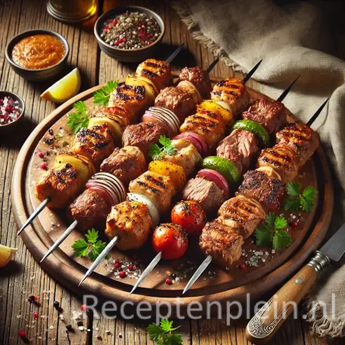 Gegrilde vleesmix aan de spies goudbruin op rustieke houten tafel