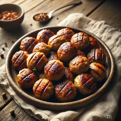 Gekruide Gehaktballetjes Frikadel Goreng op rustieke houten tafel