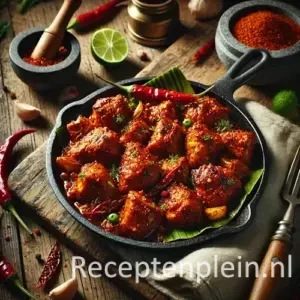 Hyper-realistische foodfoto van rijk gekruide kipstukken met een dieprode specerijenpasta, licht gekaramelliseerd en gegrild in een gietijzeren pan met bananenblad. De pan staat licht uitgezoomd op een rustieke houten tafel met rode pepers, limoenhelften, vijzel met specerijen en een linnen doek, warm en natuurlijk belicht in premium foodmagazine stijl zonder tekst of labels.