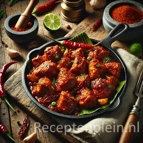 Hyper-realistische foodfoto van rijk gekruide kipstukken met een dieprode specerijenpasta, licht gekaramelliseerd en gegrild in een gietijzeren pan met bananenblad. De pan staat licht uitgezoomd op een rustieke houten tafel met rode pepers, limoenhelften, vijzel met specerijen en een linnen doek, warm en natuurlijk belicht in premium foodmagazine stijl zonder tekst of labels.