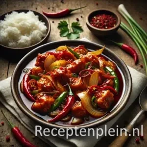 Indische zoetzure sambal goring op rustieke houten tafel