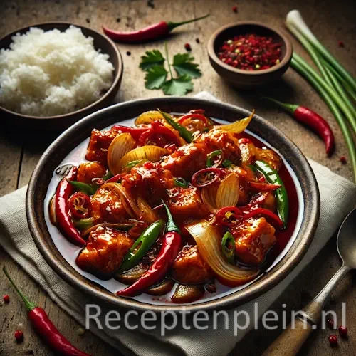 Indische zoetzure sambal goring op rustieke houten tafel