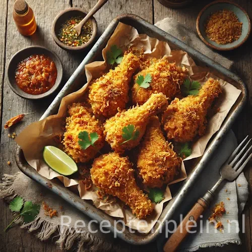 Kaki ajam goreng sedap op rustieke houten tafel