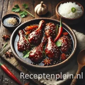 Kaki ajam ketjap op rustieke houten tafel