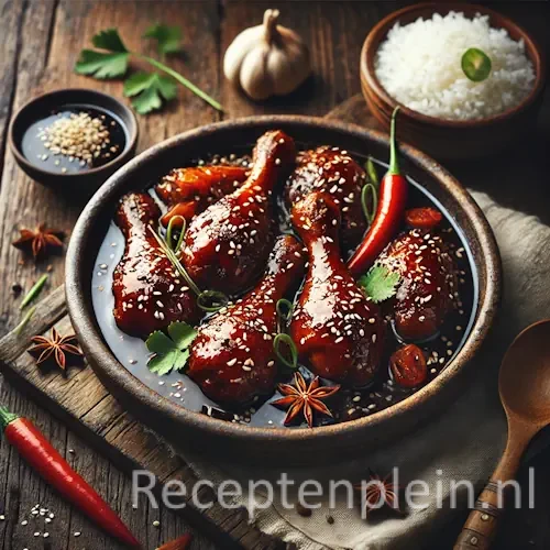 Kaki ajam ketjap op rustieke houten tafel