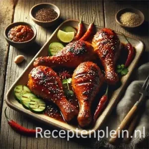 Kaki ajam pangang asin/manis op rustieke houten tafel