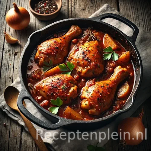 Kip in gekruide saus op rustieke houten tafel