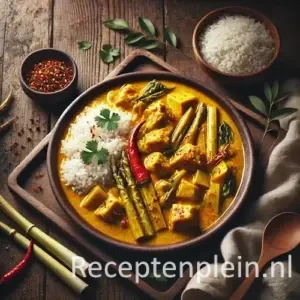 Kerrie reboeng dan ajam op rustieke houten tafel