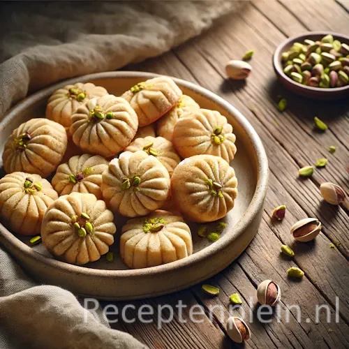 Khatai Afghaanse koekjes met pistachenoten op een rustieke houten tafel