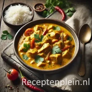 Kip / kalkoen curry op rustieke houten tafel