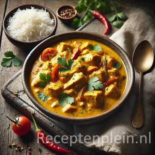Kip / kalkoen curry op rustieke houten tafel