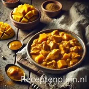 Kipcurry met mangochutney op rustieke houten tafel