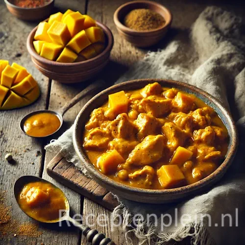 Kipcurry met mangochutney op rustieke houten tafel