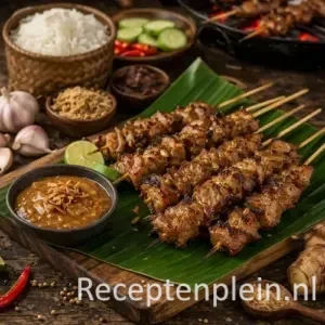 Kruidige Indonesische Saté Boemboe Sidoli van de Barbecue op een rustieke houten tafel.