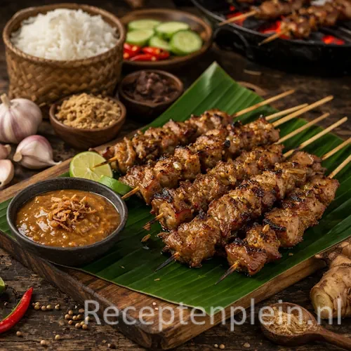 Kruidige Indonesische Saté Boemboe Sidoli van de Barbecue op een rustieke houten tafel.