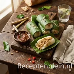 Lemper Ayam op rustieke houten tafel