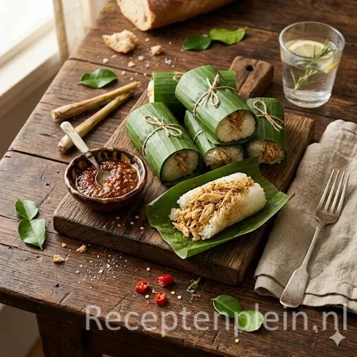 Lemper Ayam op rustieke houten tafel