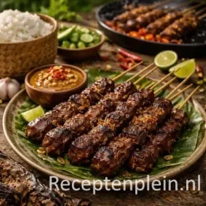 Malse saté daging van biefstuk voor de barbecue op een rustieke houten tafel.