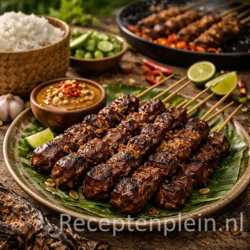 Malse saté daging van biefstuk voor de barbecue op een rustieke houten tafel.