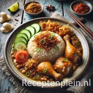 Nasi ajam op een rustieke houten tafel