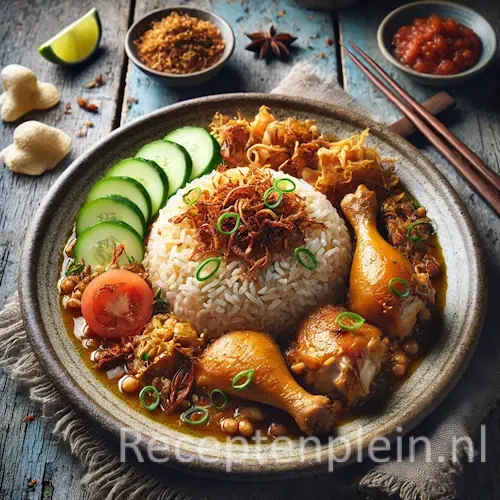 Nasi ajam op een rustieke houten tafel