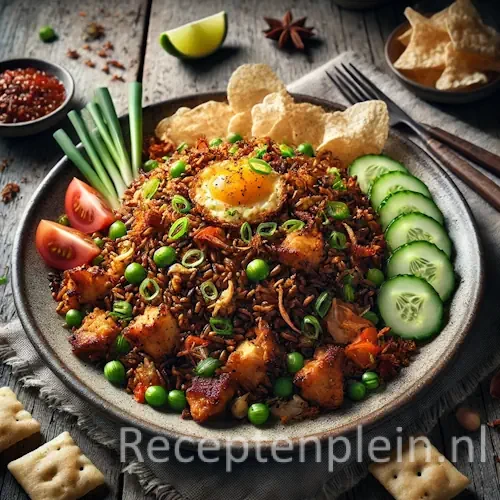 Nasi goreng ajam op een rustieke houten tafel