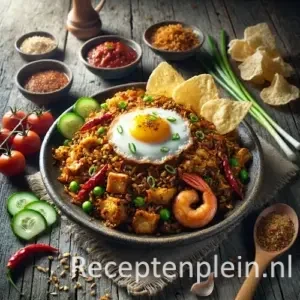 Nasi goreng slamatan van de Koninklijke Marine op een rustieke houten tafel