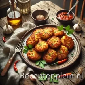 Perkedel ajam op een rustieke houten tafel