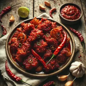 Sambal goreng ajam kering op een rustieke houten tafel