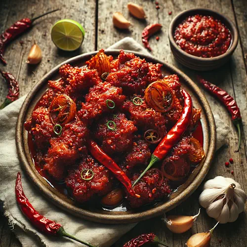 Sambal goreng ajam kering op een rustieke houten tafel