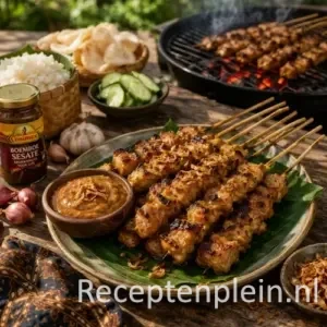 Sappige saté uit Palembang met kruidige marinade op een rustieke houten tafel.