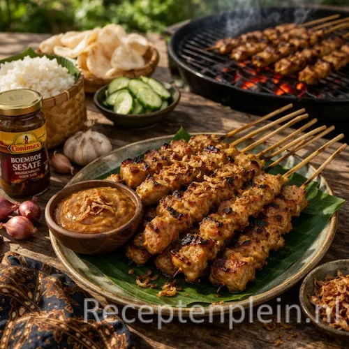 Sappige saté uit Palembang met kruidige marinade op een rustieke houten tafel.