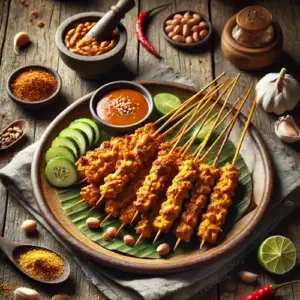 Saté ajam Betawi van kippengehakt op een rustieke houten tafel