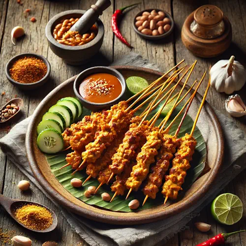 Saté ajam Betawi van kippengehakt op een rustieke houten tafel