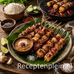 Saté babi spesial met pinda-kokossaus van de barbecue op een rustieke houten tafel.