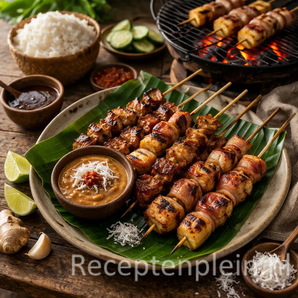 Saté babi spesial met pinda-kokossaus van de barbecue op een rustieke houten tafel.