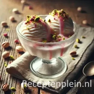 Shir yakh Afghaans ijs met pistachenoten op een rustieke houten tafel