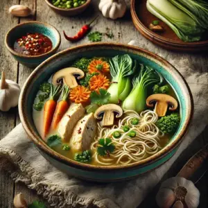 Sop ajam tjina op rustieke houten tafel