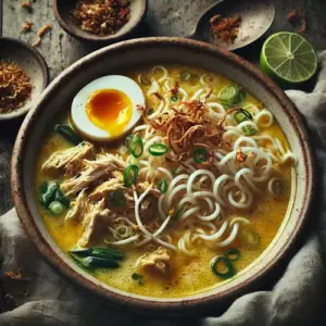 Soto ajam op rustieke houten tafel