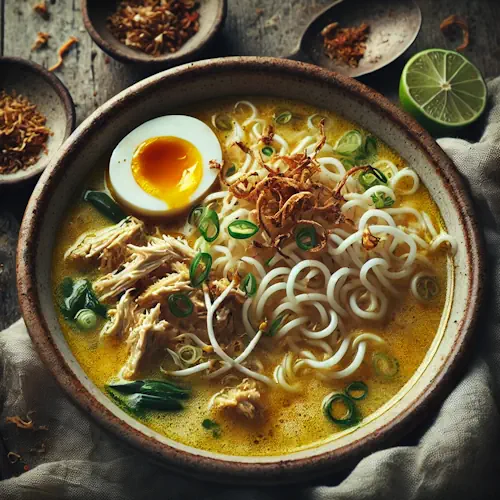 Soto ajam op rustieke houten tafel