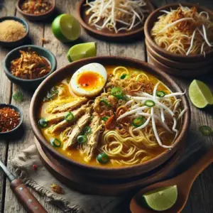 Soto ajam op rustieke houten tafel