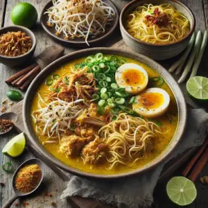 Soto ajam op rustieke houten tafel