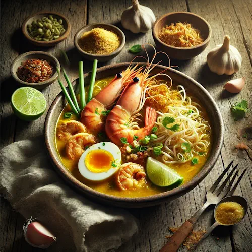 Soto ajam oedang op rustieke houten tafel