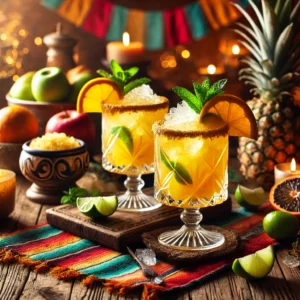 Een verfrissende zomerse cocktail, geserveerd in elegante glazen op een rustieke houten tafel. De drank heeft een levendige goudgele kleur, gevuld met vergruisd ijs en gegarneerd met een schijfje sinaasappel, een partje limoen en een takje verse munt. De setting is aangekleed met tropische vruchten zoals ananas en appel, kleurrijke decoratieve patronen en sfeervol warm licht. 🍹🍊✨