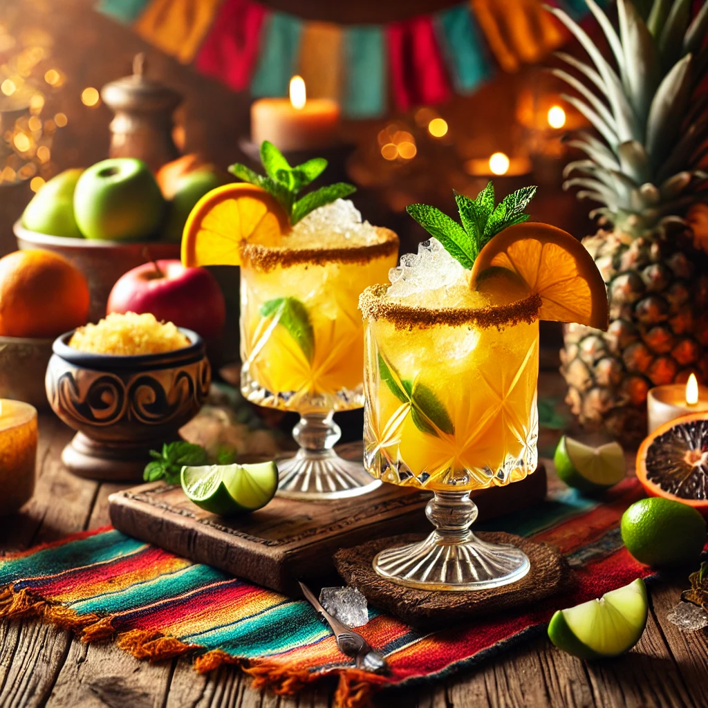 Een verfrissende zomerse cocktail, geserveerd in elegante glazen op een rustieke houten tafel. De drank heeft een levendige goudgele kleur, gevuld met vergruisd ijs en gegarneerd met een schijfje sinaasappel, een partje limoen en een takje verse munt. De setting is aangekleed met tropische vruchten zoals ananas en appel, kleurrijke decoratieve patronen en sfeervol warm licht. 🍹🍊✨