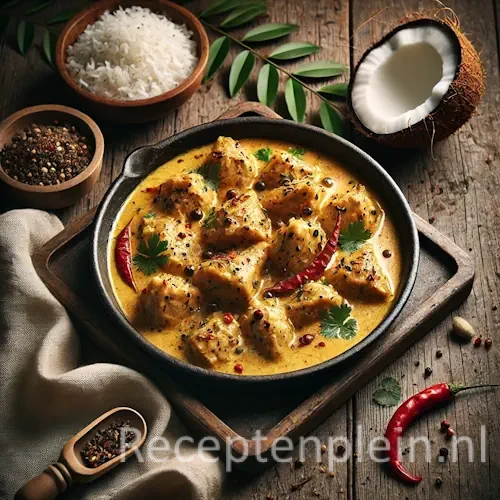 Hyper-realistische foodfoto van stukjes kip in een romige goudgele gekruide kokossaus, geserveerd in een donkere aardewerken schaal op een rustieke houten tafel. De compositie is licht uitgezoomd zodat de houtstructuur duidelijk zichtbaar is. De saus is licht gebonden met een subtiele olieglans en bevat rode chilipepers, groene kruiden en specerijen. Rondom staan een mandje met witte rijst, een halve kokosnoot, losse peperkorrels, een houten lepel en een linnen doek, sfeervol verlicht met zacht natuurlijk zijlicht voor een authentieke premium food magazine uitstraling.
