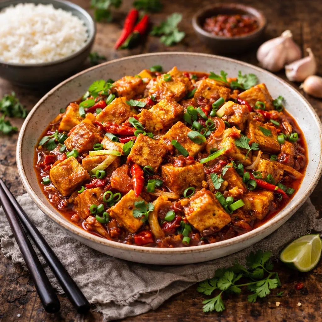 Toemis Tahoe met tofu en pittige saus op rustieke houten tafel