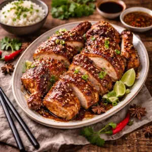 Toemis Tahoe met tofu en pittige saus op rustieke houten tafel